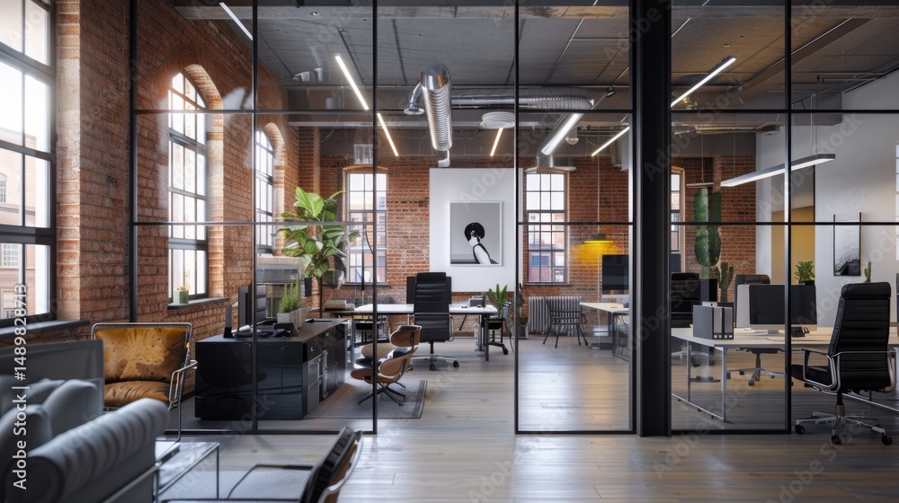 A modern office space with brick walls and glass partitions showcasing desks and office furniture A modern office space with brick walls and glass partitions showcasing desks and office furniture