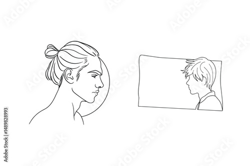 Minimalist illustration featuring two profile views of men with distinct hairstyles in monochrome style