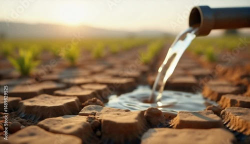 Watering the Earth: Captivating image of water flowing, providing life and renewal to parched land, symbolizing the crucial balance of resource and environmental stewardship