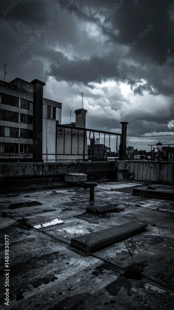Obraz premium Dark Rooftop Scene in Nightmare State with Oppressive Atmosphere