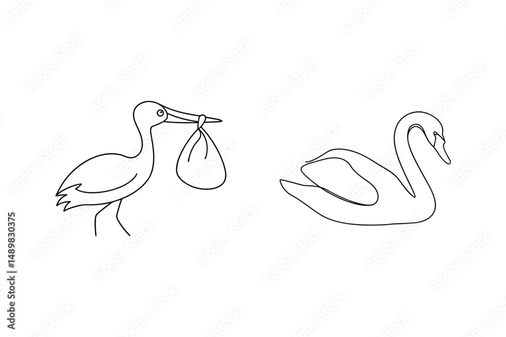 Obraz premium Simple line art illustration of a stork carrying a bundle and a elegant swan design