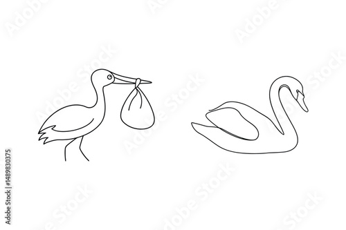 Simple line art illustration of a stork carrying a bundle and a elegant swan design