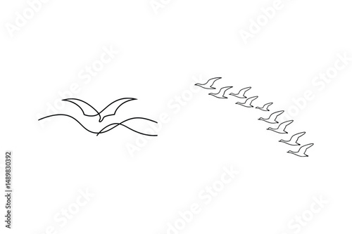 Minimalist illustration of flying birds in line art style with leading flock