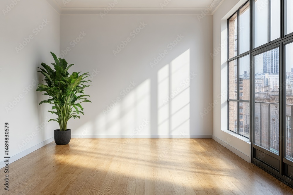 Obraz premium Empty, bright room with large windows and a single plant