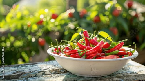 chili pepper in a bowl in a white bowl on a wooden table. Selective focus