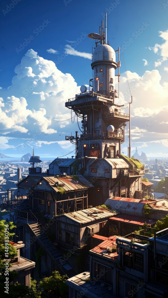 Naklejka premium Rooftop Post-Apocalyptic Structure for Signaling and Defense Purposes