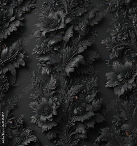 Luxurious black charcoal floral wallpaper with ornate detailing  Rich texture, refined pattern , art, gothic