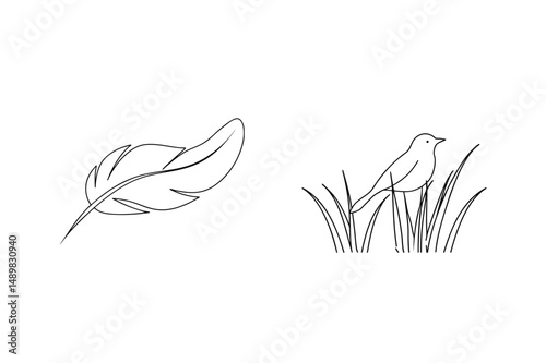 Simple line art depicting a feather and bird sitting amongst blades of grass