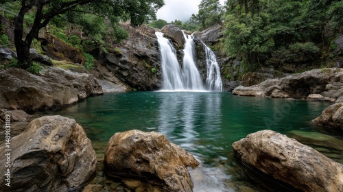 Majestic waterfall cascading into serene pool surrounded by lush forest