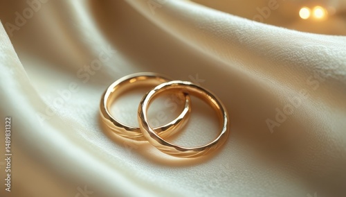 Classic gold wedding rings are set on exquisite fabric, symbolizing love and eternal bond, suitable for engagements and weddings
