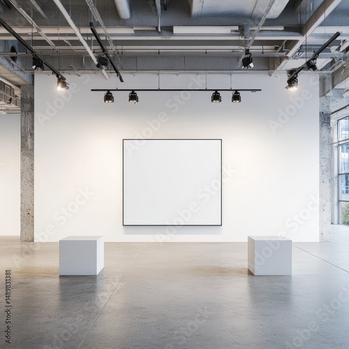 Empty gallery space, modern industrial style.  Large blank canvas,  white walls, concrete floor,  and  minimalist architecture.  Two white cube pedestals.  Well-lit