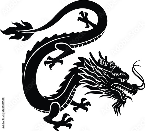 Traditional Red Chinese Dragon Silhouette with Zodiac Symbol on white background. 