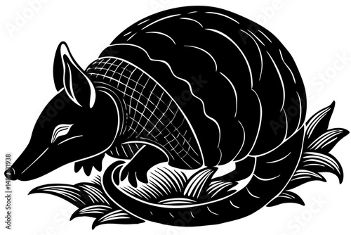 Armadillo curled up in a defensive protective position silhouette design, armadillo, silhouette, animal, mammal, wildlife, nature, vector, illustration, graphic, design, art, black and white, monochro