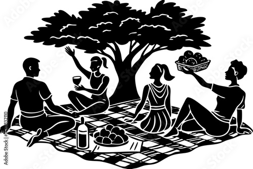 Black silhouette design of friends enjoying a picnic outdoors, picnic, friends, group, outdoors, summer, fun, leisure, recreation, gathering, together, silhouette, black, white, vector, illustration, 