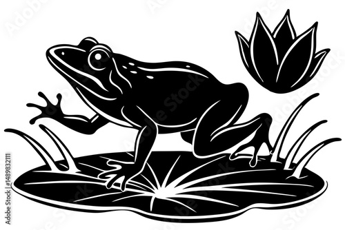 Black silhouette frog leaping off lily pad artistic design, frog, silhouette, leap, jumping, lily pad, nature, wildlife, amphibian, animal, pond, water, graphic, vector, illustration, design, art, out