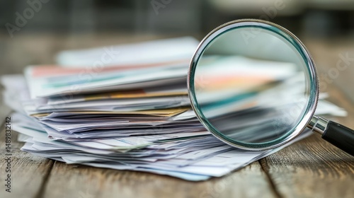 Magnifying glass over stack of papers highlighting examination and analysis