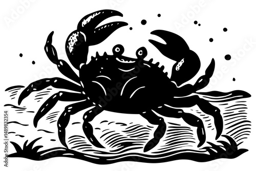 Crab silhouette scuttling sideways on wet beach vector design, crab, crustacean, silhouette, sideways, scuttling, walking, wet, beach, ocean, sea, marine, aquatic, animal, wildlife, nature, vector, il