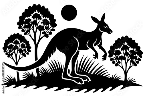 Dynamic silhouette of a kangaroo in mid-hop with powerful tail, kangaroo, silhouette, vector, hop, jumping, animal, wildlife, australia, marsupial, black, white, isolated, nature, graphic, design, ill