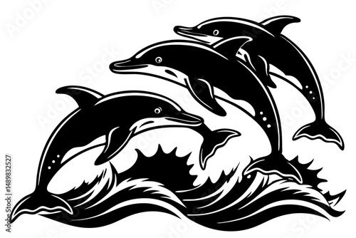 Joyful dolphin silhouette leaping through the ocean waters, dolphin, pod, silhouette, vector, animal, wildlife, sea, ocean, leap, jump, wave, nature, marine, playful, aquatic, mammal, black, white, de