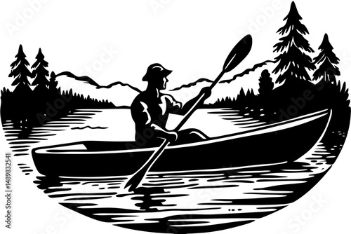 Kayaker paddling on calm lake black silhouette vector design, kayaking, kayaker, paddle, lake, water, sport, activity, recreation, outdoor, adventure, travel, vacation, silhouette, vector, design, ill