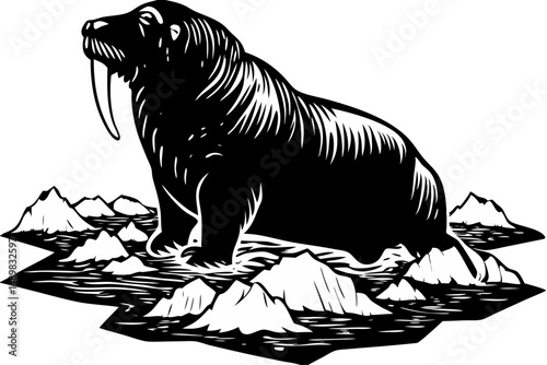 Majestic walrus silhouette on icy landscape with transparent background, walrus, arctic, animal, wildlife, marine, mammal, seal, tusks, ice, iceberg, ocean, sea, north, polar, black and white, silhoue
