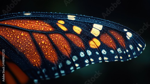 Close-up of a Monarch butterfly wing with water droplets photo