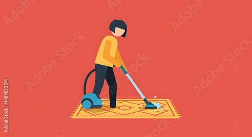 Person Vacuuming Carpet. Flat Vector Illustration of Household Cleaning Chores.