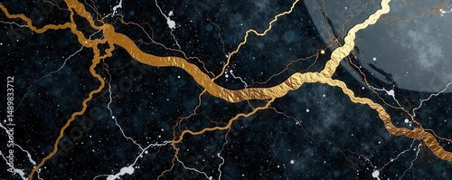 Elegant black & white marble with gold kintsugi cracks, vertical , surface, tile, texture