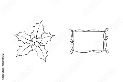 Hand-drawn holly illustration and decorative frame elements on a pristine white background.