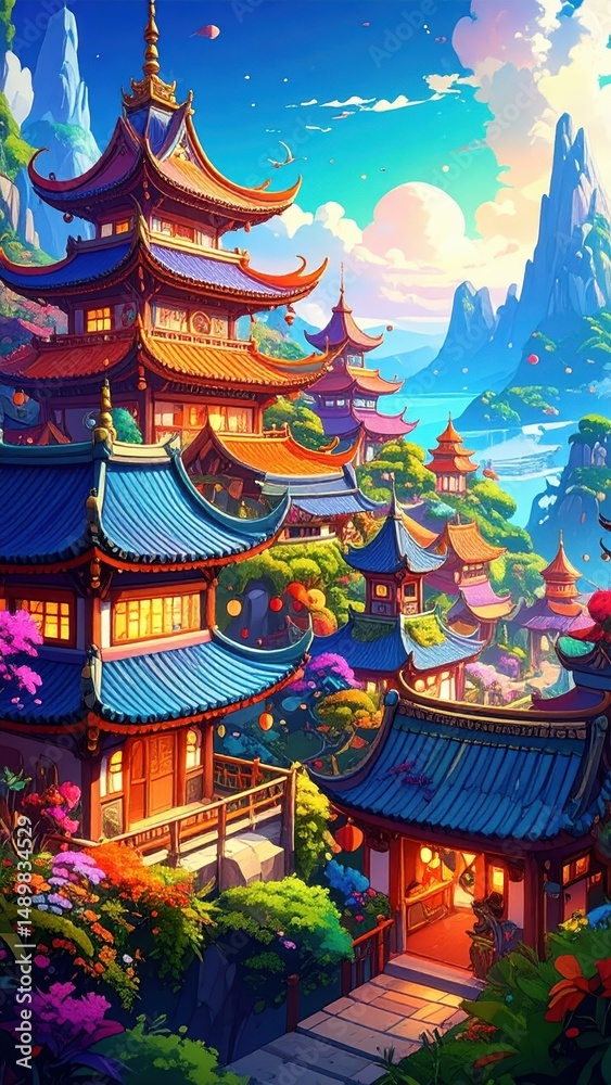 Obraz premium Magical Rooftops of a World Full of Creatures and Wonders