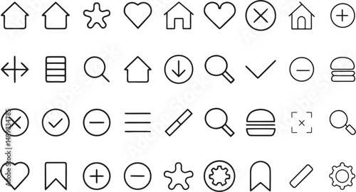 User Interface Elements: A collection of minimalist, clean icons representing a range of digital interface elements, perfect for use in websites, apps, and other digital applications.