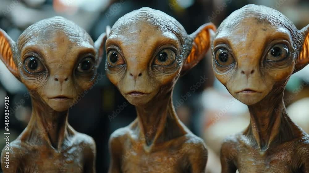Three aliens look at the camera futuristic view