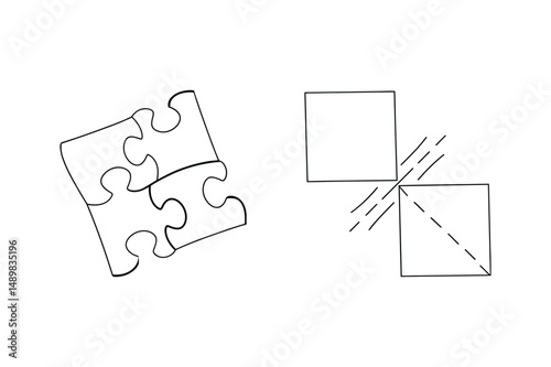 Black and white illustration of puzzle pieces and diagrammatical squares representing concepts