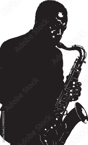 A lone jazz musician playing the saxophone, deep in concentration – plain white background