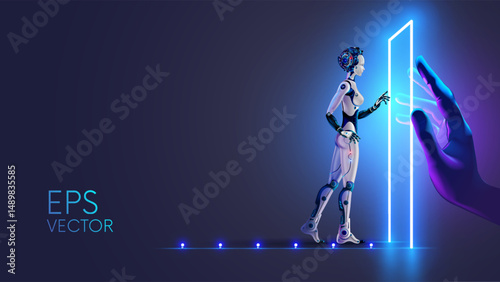 Higher intelligence opens the door to artificial intelligence in form of female cyborg. Great opportunities open up for artificial intelligence. Cyborg with AI enters futuristic door. AI technologies.