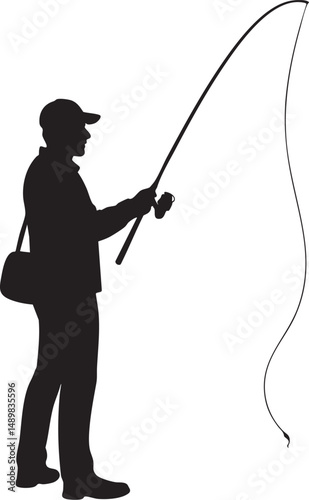 A lone fisherman silhouette casting his line into the water – plain white background