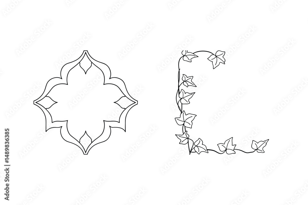 Elegant decorative frames with leafy ivy and ornamental flourish elements in black outline