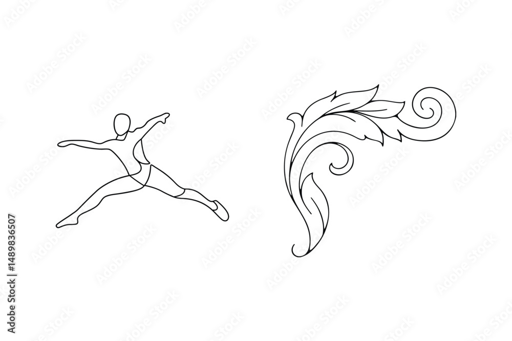 Fototapeta premium Minimalist linear illustration of a dancer in motion and a decorative ornamental element