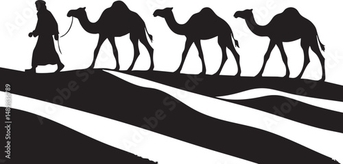 Silhouette of a caravan of camels walking through the desert dunes – plain white background