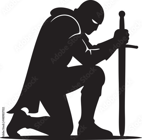 Silhouette of a knight kneeling before a sword, deep in thought – plain white background
