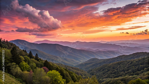 The sky is orange and the mountains are green