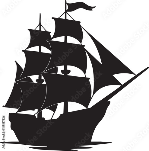 Silhouette of a pirate ship sailing with full mast against the wind – plain white background