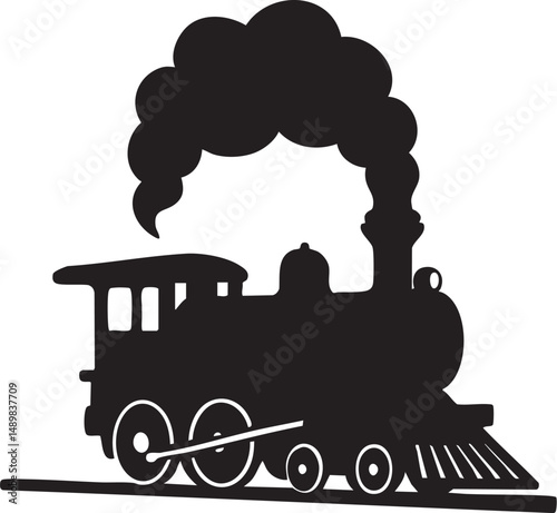 Silhouette of a vintage steam train, smoke billowing into the air – plain white background