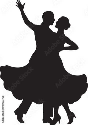Silhouette of an elegant ballroom dancer mid-twirl, dress flowing – plain white background