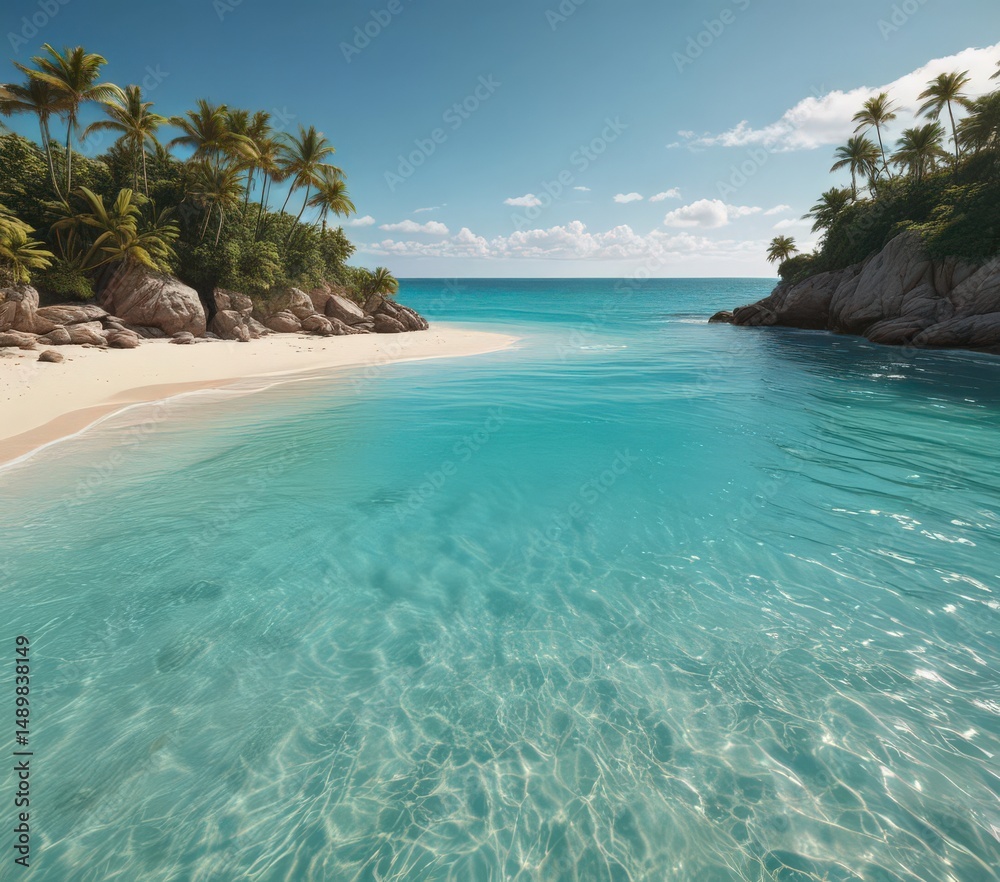 Fototapeta premium Golden sand, turquoise water, lush island backdrop, relaxation, sand, getaway