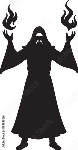 Silhouette of an enigmatic sorcerer conjuring spells with raised hands – plain white background