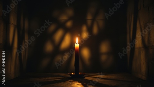  Single lit candle in a dark, empty room creates a warm glow and a sense of solitude, evoking reflection and serenity in a mysterious atmosphere