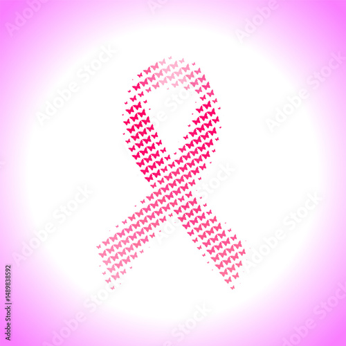 Pink breast cancer awareness ribbon creatively formed from tiny butterflies, symbolizing hope, transformation, and support in the fight against cancer and women’s health.