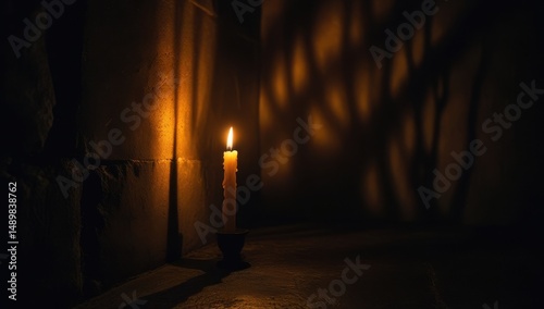  Single lit candle in a dark, empty room creates a warm glow and a sense of solitude, evoking reflection and serenity in a mysterious atmosphere