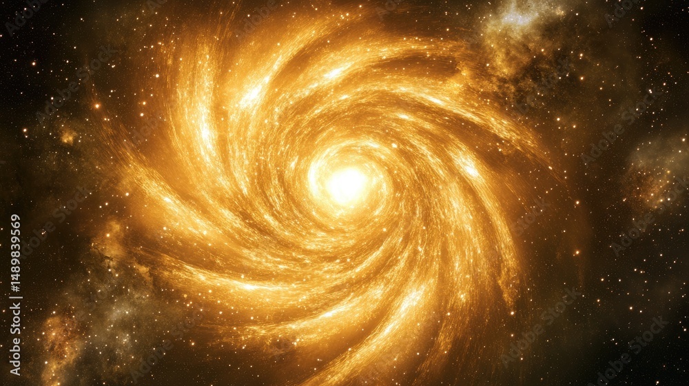 Golden spiral galaxy swirling in cosmic dust and stars